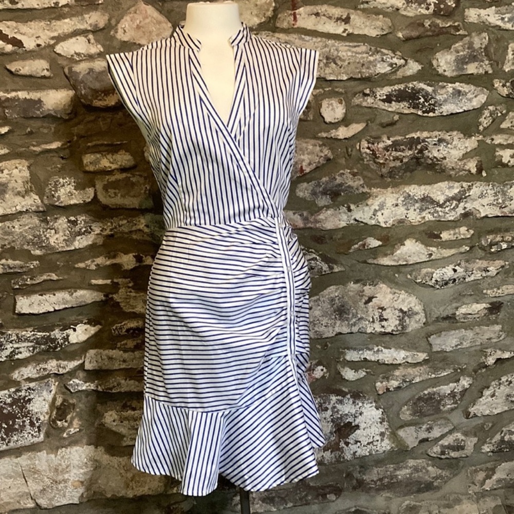Lucy Paris, asymmetrical banded collar, blue white stripe dress